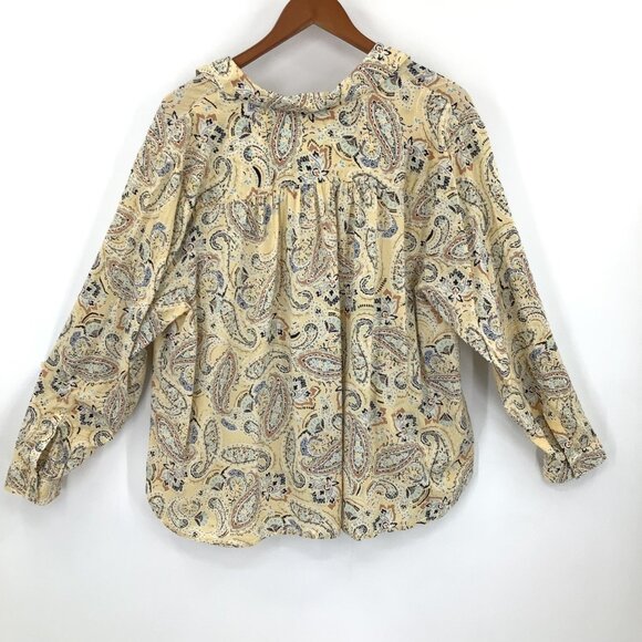 J.Jill Women's Yellow Paisley Blouse 2X Roll Tab Sleeve V-Neck Top - Picture 4 of 6